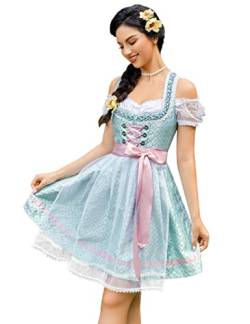 Clearlove Dirndl Damen midi 3tlg.Trachtenkleid für Oktoberfest,Karneval,DREI Teilig: Kleid, Bluse, Schürze（Verpackung MEHRWEG）,Blau-grün,42 von Clearlove