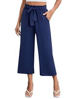 Clearlove Freizeithose Damen Sommerhose Einfarbig Weites Bein Lounge Causal Pants Sommer Elastische Hohe Taill Gekürzte Hose Navy Blau XXL von Clearlove