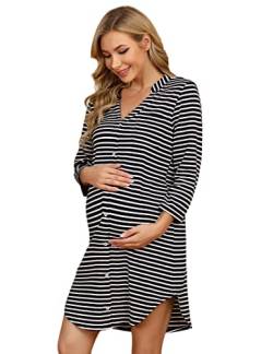 Clearlove Nachthemd Damen Geburt Stillnachthemd 3/4 Ärmel Nachtwäsche Umstandskleidung V-Ausschnitt Sleepwear Gestreift Schlafshirt mit Stillfunktion (Verpackung MEHRWEG), E-Streifen-Dunkelblau, XXL von Clearlove