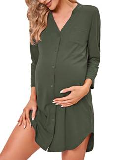 Clearlove Nachthemd Damen Geburt Stillnachthemd 3/4 Ärmel Nachtwäsche Umstandskleidung V-Ausschnitt Sleepwear Gestreift Schlafshirt mit Stillfunktion (Verpackung MEHRWEG), F-Armeegrün, XXL von Clearlove