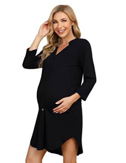 Clearlove Nachthemd Damen Geburt Stillnachthemd 3/4 Ärmel Nachtwäsche Umstandskleidung V-Ausschnitt Sleepwear Gestreift Schlafshirt mit Stillfunktion (Verpackung MEHRWEG), F-Schwarz, XL von Clearlove