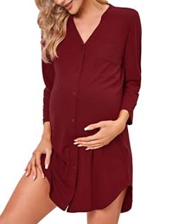 Clearlove Nachthemd Damen Geburt Stillnachthemd 3/4 Ärmel Nachtwäsche Umstandskleidung V-Ausschnitt Sleepwear Gestreift Schlafshirt mit Stillfunktion (Verpackung MEHRWEG), F-Weinrot, M von Clearlove