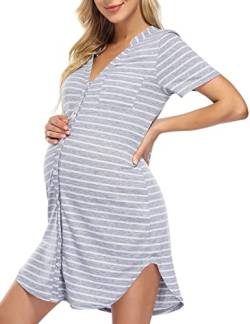 Clearlove Nachthemd Damen Geburt Stillnachthemd Kurzarm Nachtwäsche Umstandskleidung V-Ausschnitt Sleepwear Gestreift Schlafshirt mit Stillfunktion (Verpackung MEHRWEG), A-Streifen-Hellgrau, M von Clearlove