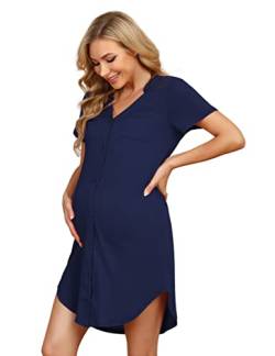 Clearlove Nachthemd Damen Geburt Stillnachthemd Kurzarm Nachtwäsche Umstandskleidung V-Ausschnitt Sleepwear Gestreift Schlafshirt mit Stillfunktion (Verpackung MEHRWEG), B-Dunkelblau, M von Clearlove