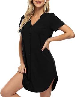 Clearlove Nachthemd Damen Geburt Stillnachthemd Kurzarm Nachtwäsche Umstandskleidung V-Ausschnitt Sleepwear Gestreift Schlafshirt mit Stillfunktion (Verpackung MEHRWEG), B-Schwarz, L von Clearlove