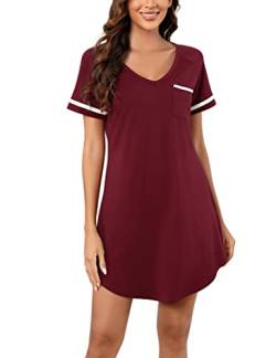 Clearlove Nachthemd Damen Kurzarm Baumwolle Nachtwäsche für Damen V Ausschnitt Schlafshirt Lang T-Shirt Sleepshirt Frauen Negligees Weinrot L von Clearlove