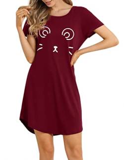 Clearlove Nachthemd Damen Kurzarm Baumwolle Schlafshirt Sommer Sleepshirt Frauen Nachtwäsche Nachtkleid(Weinrot,S) von Clearlove