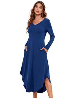 Clearlove Nachthemd Damen Langarm Nachtwäsche mit V-Ausschnitt Lange Freizeitkleid Schlafshirt Sleepwear mit Taschen (Verpackung MEHRWEG), B-Blau, M von Clearlove