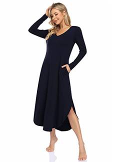 Clearlove Nachthemd Damen Langarm Nachtwäsche mit V-Ausschnitt Lange Freizeitkleid Schlafshirt Sleepwear mit Taschen (Verpackung MEHRWEG), B-Dunkelblau, XL von Clearlove