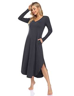 Clearlove Nachthemd Damen Langarm Nachtwäsche mit V-Ausschnitt Lange Freizeitkleid Schlafshirt Sleepwear mit Taschen (Verpackung MEHRWEG), B-Dunkelgrau, L von Clearlove