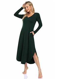 Clearlove Nachthemd Damen Langarm Nachtwäsche mit V-Ausschnitt Lange Freizeitkleid Schlafshirt Sleepwear mit Taschen (Verpackung MEHRWEG), B-Dunkelgrün, M von Clearlove