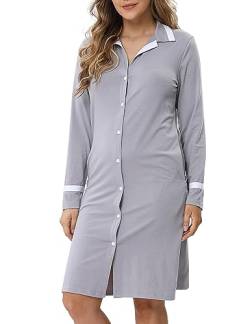 Clearlove Nachthemd Damen Langarm V-Ausschnitt Nachtkleid Nachtwäsche Kontrastfarbe Schlafkleid Weiche Schlafshirt mit Knopfleiste(Grau,S) von Clearlove