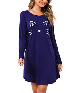 Clearlove Nachthemd Damen Navy Blau Rundhals Langarm Sleepshirt Printed Nachtwäsche Nachtkleid Knielang Schlafkleid Sleepwear S von Clearlove