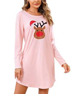 Clearlove Nachthemd Damen Rundhals Langarm Sleepshirt Rosa Weihnachten Rentiermuster Printed Nachtwäsche Nachtkleid Knielang Schlafkleid Sleepwear S von Clearlove