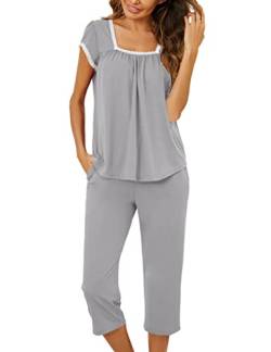 Clearlove Pyjama Damen 3/4 Hose Lang Sommer Capri Schlafanzug Sets Button Down Kurzes Spitze Sleepshirt (Grau, S) von Clearlove