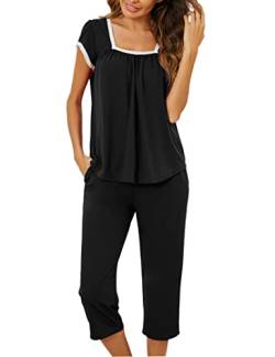 Clearlove Schlafanzug Damen Kurzarm-Top und 3/4 Lange Hose Button Down Spitze Pyjamas Zweiteiliger (Schwarz, S) von Clearlove