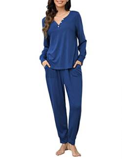 Clearlove Schlafanzug Damen Lang Zweiteiliger Nachtwäsche Langarm Pyjama Set Frauen Hausanzug Loungewear mit Taschen A-Blau S von Clearlove