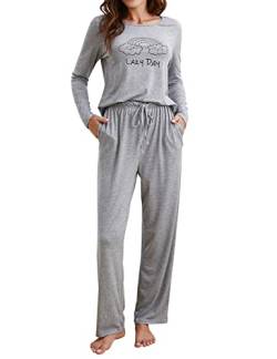 Clearlove Schlafanzug Damen Langarm Pyjama Set Lang Hausanzug Zweiteiliger Weich Lounge Nachtwäsche Grau XL von Clearlove