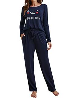 Clearlove Schlafanzug Damen Langarm Pyjama Set Lang Hausanzug Zweiteiliger Weich Lounge Nachtwäsche Navy Blau M von Clearlove