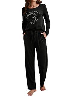 Clearlove Schlafanzug Damen Langarm Pyjama Set Lang Hausanzug Zweiteiliger Weich Lounge Nachtwäsche Schwarz L von Clearlove