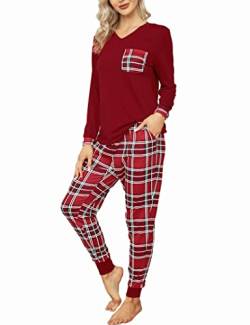 Clearlove Schlafanzug Damen Zweiteiliger Langarm V-Ausschnitt Frauen Pyjama Set Nachtwäsche Hausanzug Loungewear mit Taschen Rot M von Clearlove