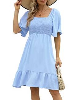 Clearlove Sommerkleid Damen Knielang A-Linie Rüschen Kleid Kurzarm Lose Casual Hellblau Minikleid Sommer Rüschenfalten Freizeitkleid XXL von Clearlove