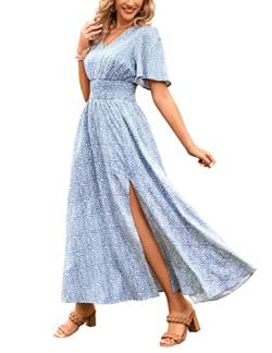 Clearlove Sommerkleid Damen Lang Kleider Casual V-Ausschnitt Maxikleider Kurzarm A-Linie Kleid mit Schlitz Strandkleid Freizeitkleid mit Leopardenmuster Blau XL von Clearlove