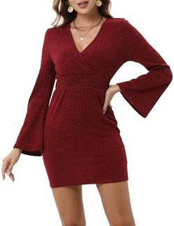 Clearlove Strickkleid Damen Minikleid mit Cross-Neck und Bleistiftrock - Tailliertes Winterkleid für Büro und Abendveranstaltungen, Rot, L von Clearlove