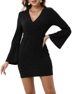 Clearlove Strickkleid Damen Minikleid mit Cross-Neck und Bleistiftrock - Tailliertes Winterkleid für Büro und Abendveranstaltungen, Schwarz, L von Clearlove