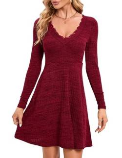 Clearlove Strickkleid Damen V Ausschnitt Winterkleider Gestreift Ausgestelltes Midikleid Freizeit Winter Kleid Weich PulloverKleid (Wein Rot, XL) von Clearlove