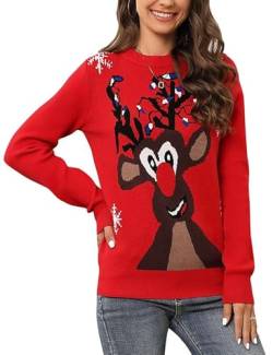 Clearlove Weihnachten Pullover Damen Weihnachtspullover Christmas Reindeer Strickpullover Christmas Sweater Lichterkette Elch M von Clearlove