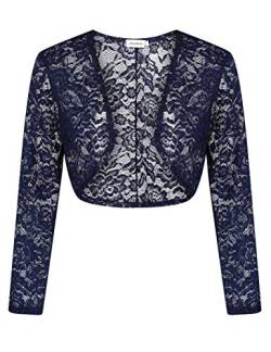 Damen Bolero Spitzen Jacke Festlich Kurz Cardigan Langarm Strickjacke Für Hochzeit Cocktailkleid, Dunkelblau-spitze, S von Clearlove