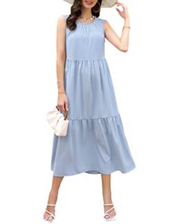 Damen Rundhals Kleid Strandkleid Elegant Freizeitkleid Retro Kleid Ärmellos Maxi Kleid Kleid Casual Kleid (Hellblau, L) von Clearlove