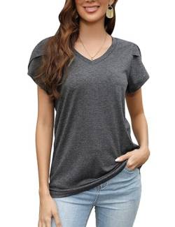 Damen Sommer T Shirt V-Ausschnitt Petal Sleeve Tops Causal Tunika(Dunkelgrau,M) von Clearlove