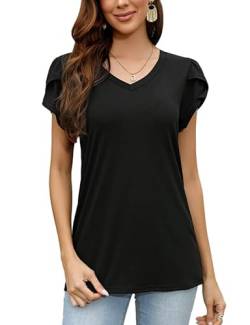 Damen Sommer T Shirt V-Ausschnitt Petal Sleeve Tops Causal Tunika(Schwarz,M) von Clearlove