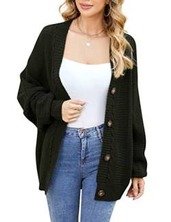 Damen Strickjacke Langarm Button Down Sweater Elegante Lose Vorne Offen Cardigan Einfarbig Freizeitjacke Herbst Winter Top Outwear(Armeegrün,L) von Clearlove