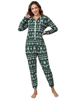 Jumpsuit Kuschelig Hoodie Damen Zipper Hoodie Weihnachten Overall Freizeitanzug One Piece Ganzkörperanzug Einteiler Pyjama Schlafanzug Trainingsanzug Hausanzug mit Kapuze und Taschen (Grün, M) von Clearlove