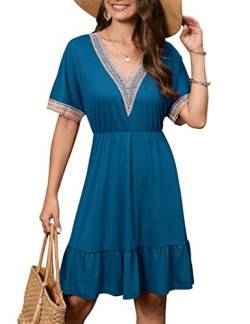 Kleid Damen Kurz Elegant Sommerkleid Spitze V-Ausschnitt Minikleid Strandkleider Freizeitkleid Tunika T Shirt Kleider Chiffonkleid Blusekleid Blau M von Clearlove