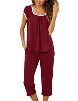 Nachthemd Damen Schlafanzug Set Pajama Set Kurz Pyjama Set Nachthemden Spitze Loungewear (Weinrot, L) von Clearlove