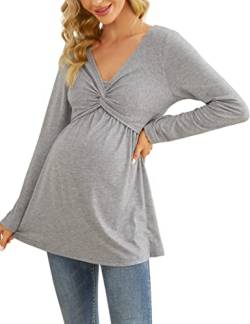 Stillshirt Langarm Damen Schwanger Umstandsmode Umstandsshirt Schwangerschaft T-Shirt Nursing Umstandstop Umstandsbluse,Grau,XL von Clearlove