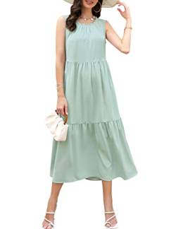 Strandkleid Damen Große Größen Casual Freizeitkleid Ärmellos Kleid Rundhals Elegant Kleid Kleid Retro Maxi Kleid Kleid (Salbei Grün, S) von Clearlove