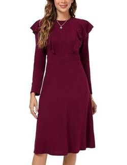 Strickkleid Damen Kleider Langarm Partykleid Pulloverkleider Rüschen Freizeitkleid Midikleid Tunika Casual Kleid Winterkleider Weinrot XL von Clearlove