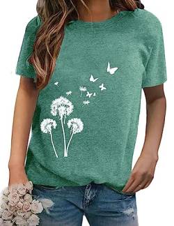 T Shirt Damen Kurzarm Tshirt Sommer Drucken T-Shirts Basic Lässig Tee Oberteile Tops Grün S von Clearlove