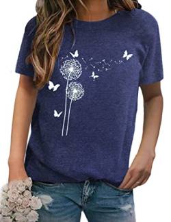 T Shirt Damen Kurzarm Tshirt Sommer Rundhals Pusteblume Drucken T-Shirts Basic Lässig Tee Löwenzahn Oberteile Tops Blau L von Clearlove