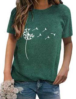 T Shirt Damen Kurzarm Tshirt Sommer Rundhals Pusteblume Drucken T-Shirts Basic Lässig Tee Löwenzahn Oberteile Tops Grün L von Clearlove