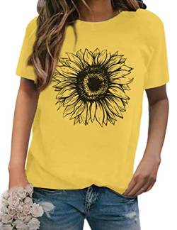 T Shirt Damen Kurzarm Tshirt Sommer Rundhals Sonnenblume Drucken T-Shirts Basic Lässig Tee Oberteile Tops Gelb S von Clearlove