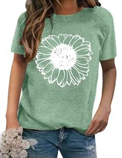 T Shirt Damen Kurzarm Tshirt Sommer Rundhals Sonnenblume Drucken T-Shirts Basic Lässig Tee Oberteile Tops Grün XXL von Clearlove