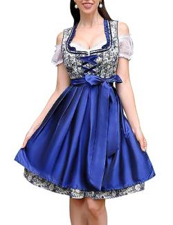 Trachtenkleid Damen Dirndl Kurz Set - Midi Trachtenkleid 3tlg. Dirndlbluse für Oktoberfest - DREI Teilig: Kleid, Bluse, Schürze Blau Blumen42 von Clearlove