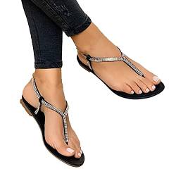 Clenp Damen Sandalen, Flip Flops Sandalen Strass Zehentrenner Damen Riemchen Flache Rutschfeste Sandalen Für Strand Schwarz 38 von Clenp