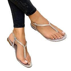 Clenp Damen Sandalen, Flip Flops Sandalen Strass Zehentrenner Damen Riemchen Flache Rutschfeste Sandalen Für Strand Silber 38 von Clenp